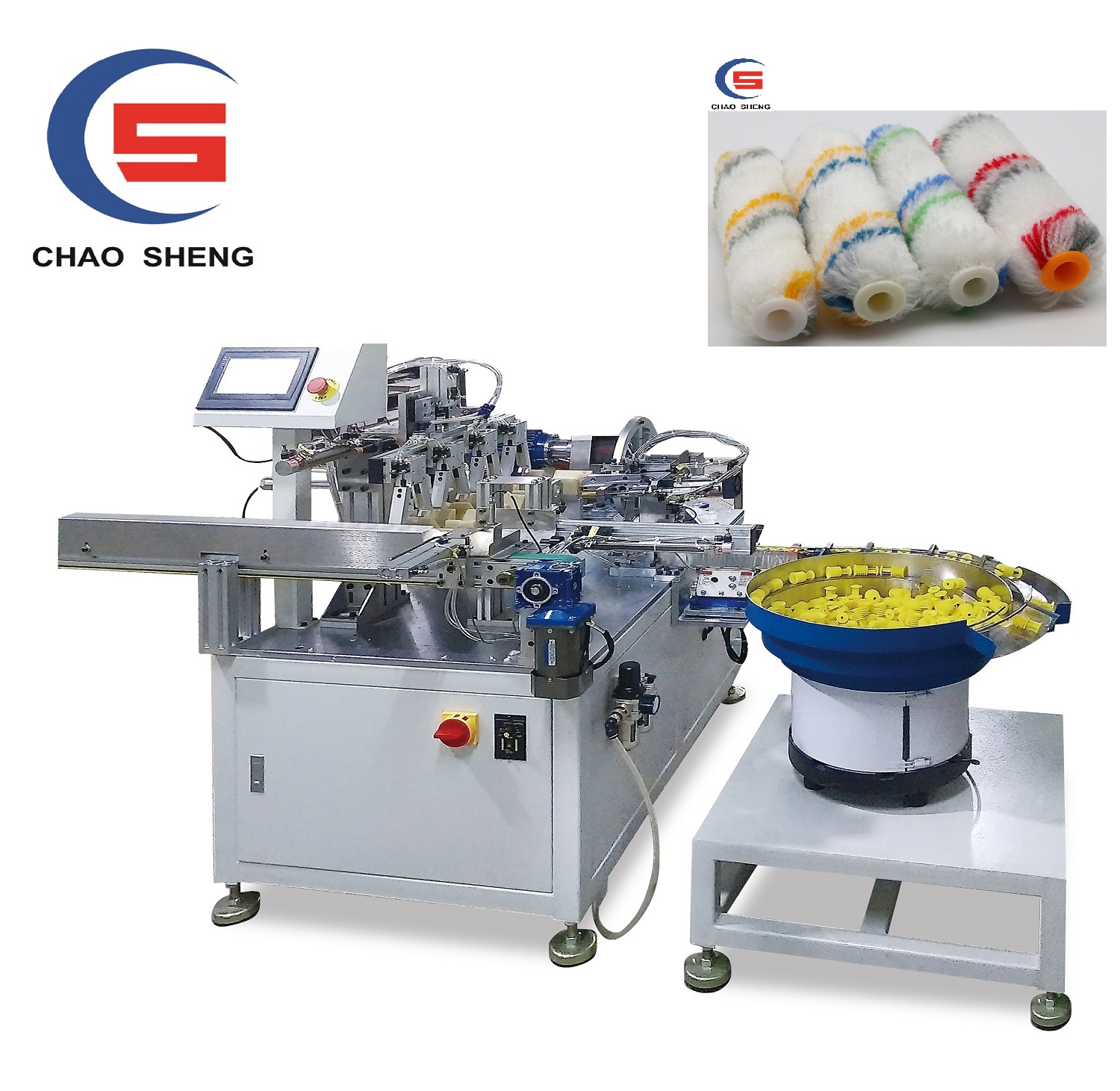 Automatic end cap install and comb machine for mini paint roller